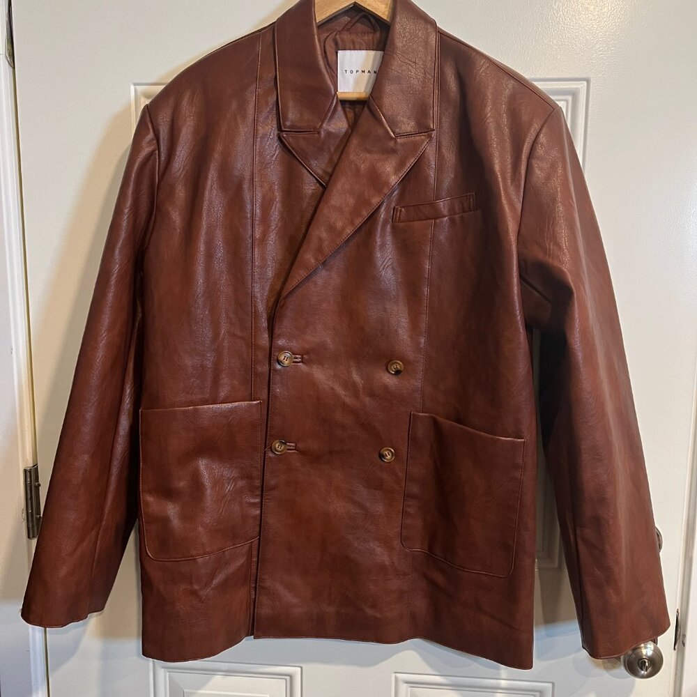 Topman Oversized Faux Weathered Brown Leather Pea Coat, Men's Small